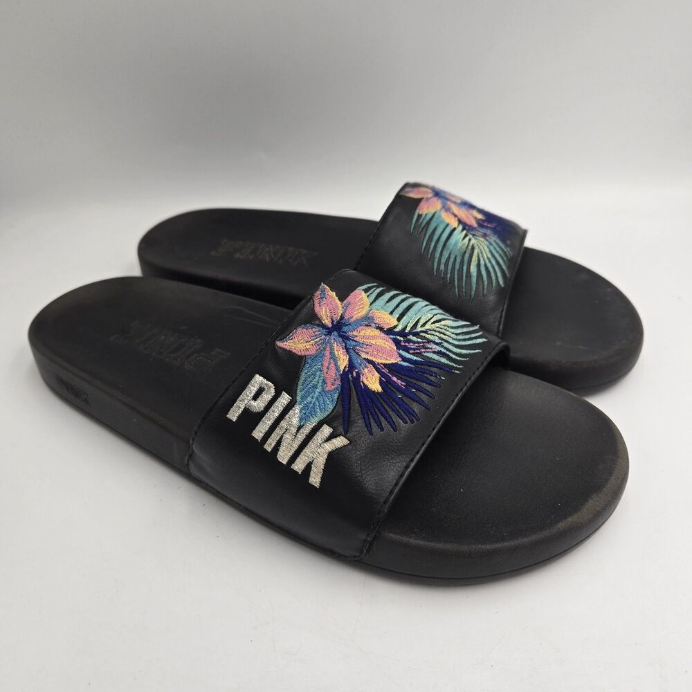 Victoria’s Secret PINK slides Sandals Embroidered floral tropical Large (9-10)